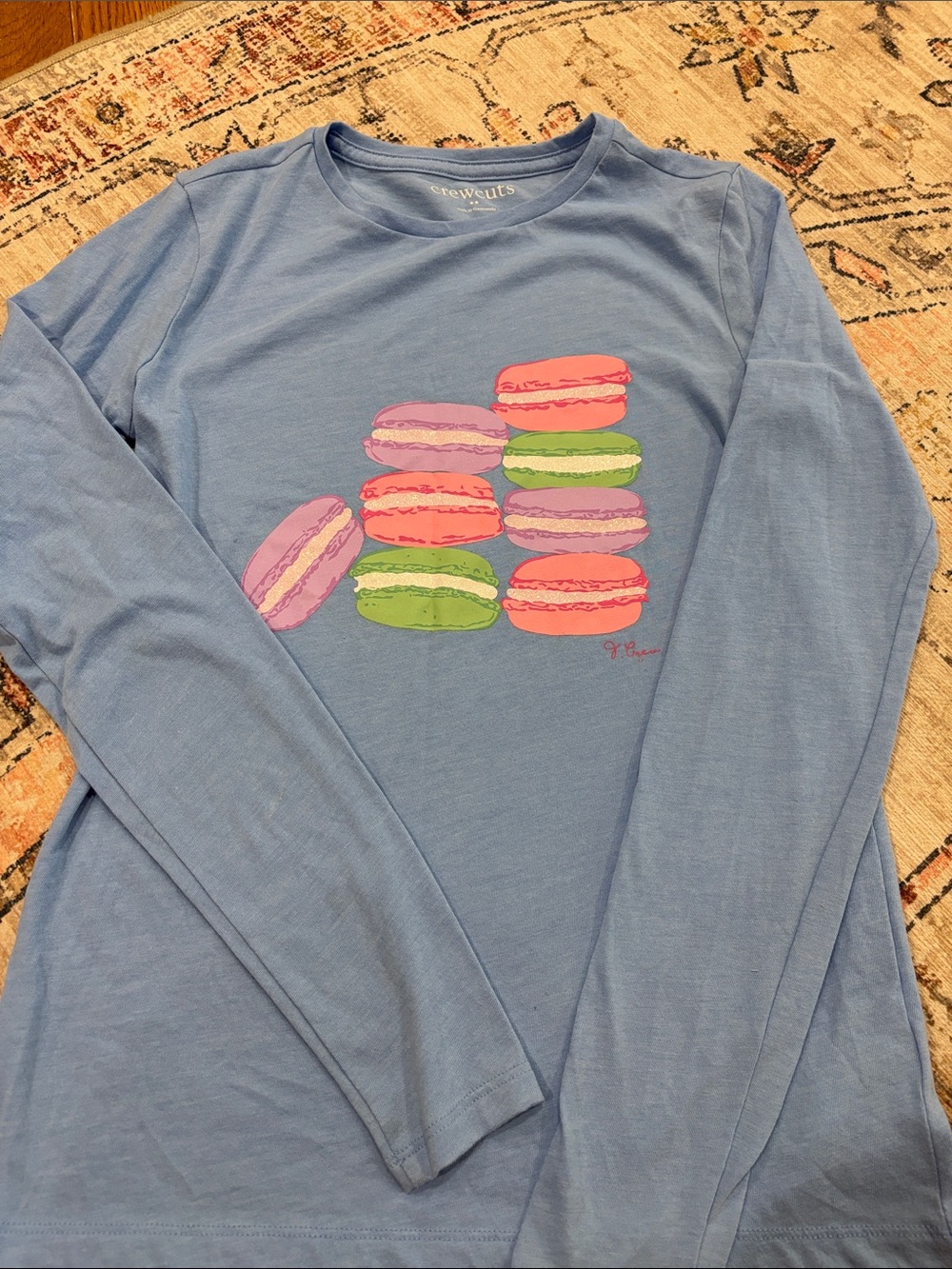 J. Crew Light Blue Long Sleeve Tee with Colorful Macaron Graphic
